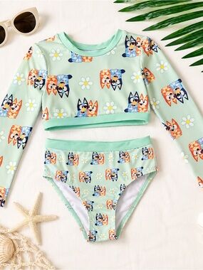 Bluey mint green long sleeve two piece swimsuit set / rashguard / girls 4t